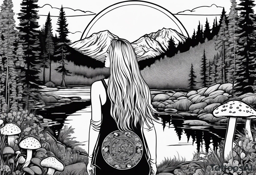 Whole picture encircled fully

Straight long blonde hair hippie girl in distance holding mushrooms in hand facing away toward mountains and creek surrounded by mushrooms long sleeve shirt and hiking pants; whole rendering within a full circle, no cut off circle tattoo idea