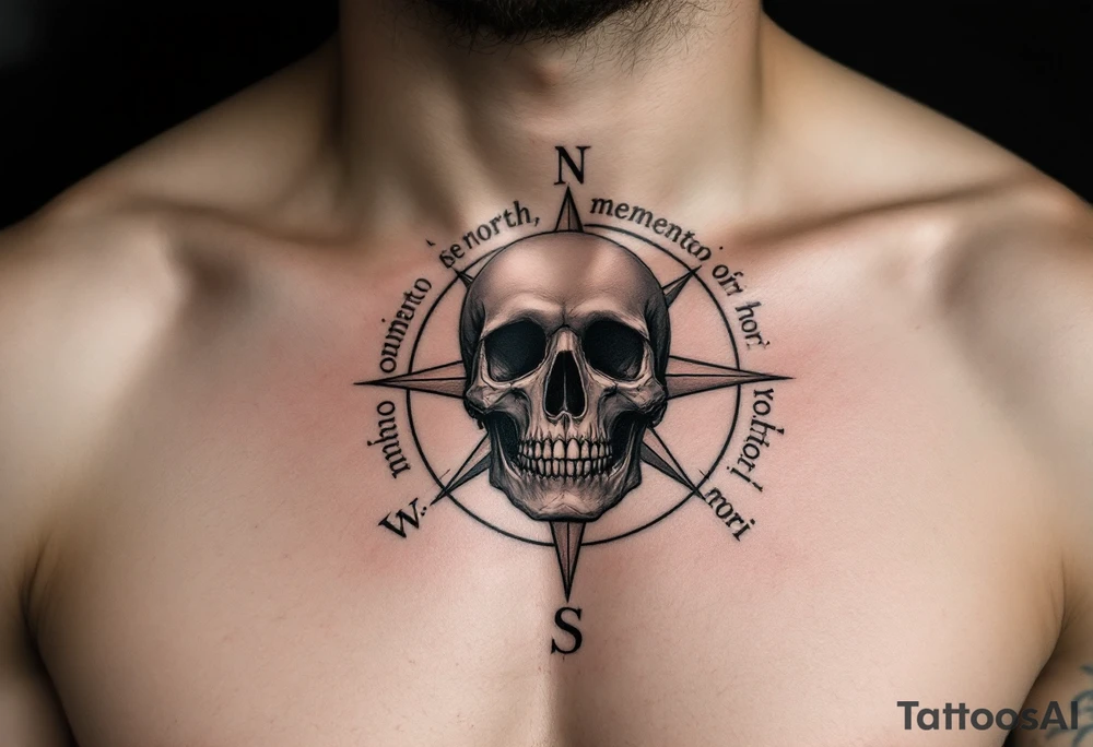 A muted sepia compass pointing to a skull instead of north, with "memento mori" curving around the outer ring. tattoo idea