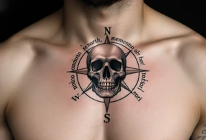 A muted sepia compass pointing to a skull instead of north, with "memento mori" curving around the outer ring. tattoo idea