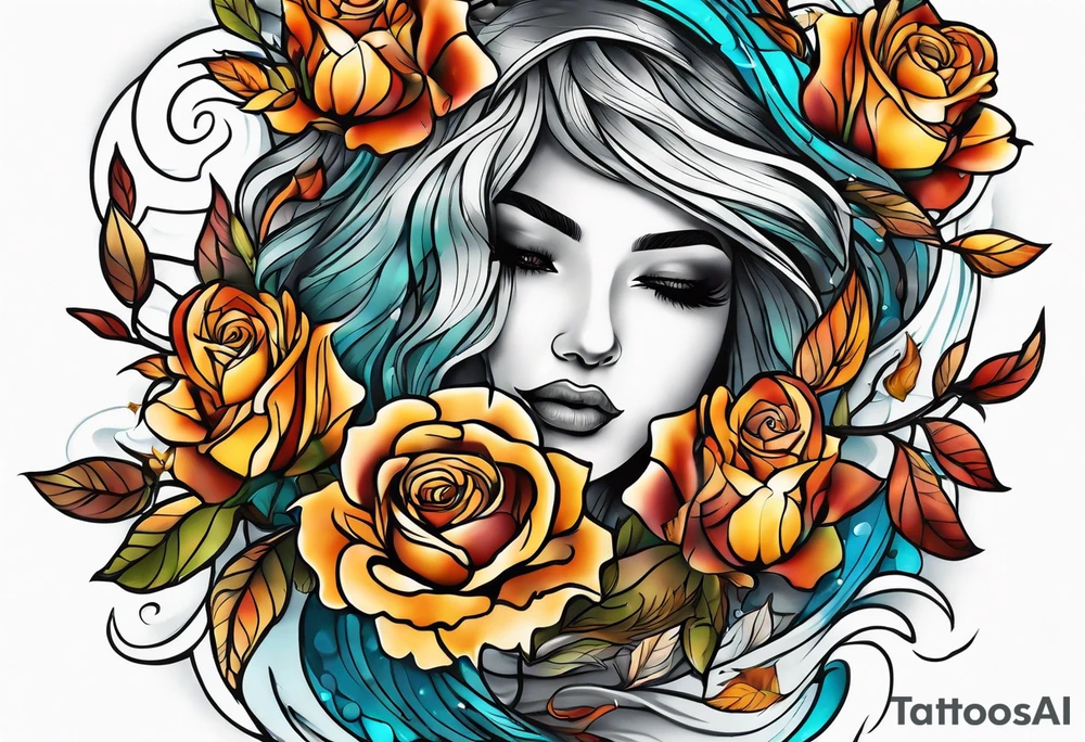 thigh tattoo with fall colors showing, flowers, roses, water flow, and sky tattoo idea