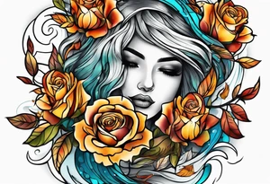 thigh tattoo with fall colors showing, flowers, roses, water flow, and sky tattoo idea