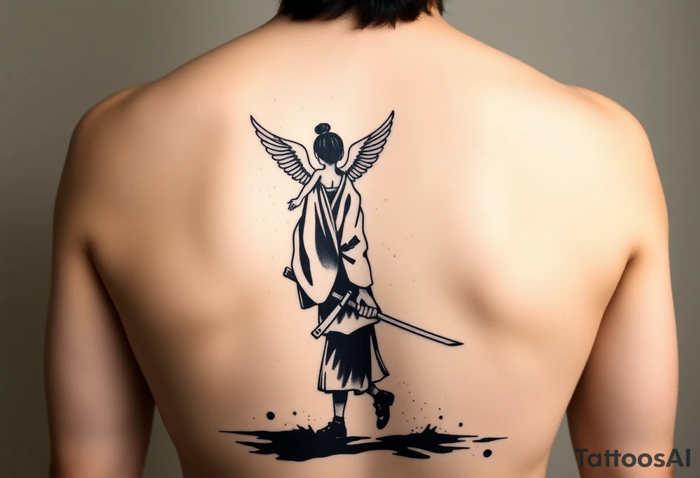 "Blackwork tattoo sketch of a lone samurai walking forward, shown in dramatic silhouette style. The samurai wears traditional kimono and hakama, holding a katana in one hand with the blade pointing downward. Behind him floats a small child angel with detailed feathered wings, gently touching the samurai’s back with one hand, as if stopping or guiding him. Strong contrast, dynamic ink splatter, rough brush strokes, Japanese sumi-e vibe, emotional and symbolic composition, high detail linework, no background." tattoo idea