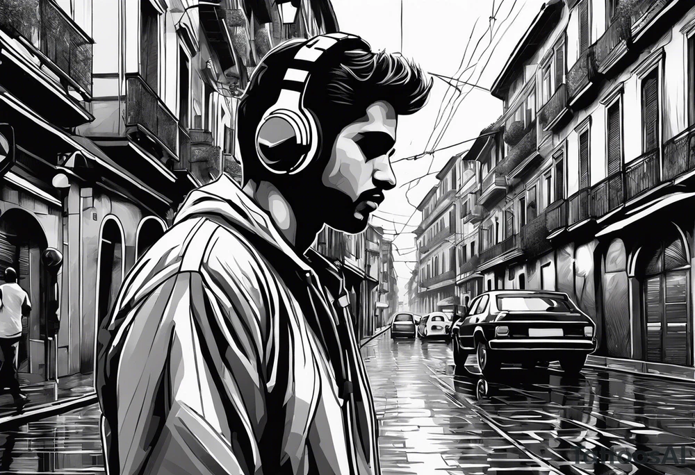 Soccorso player with ball in the streets of naples in the rain with headphones in his ears creating notes that end up in the clouds tattoo idea