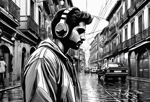 Soccorso player with ball in the streets of naples in the rain with headphones in his ears creating notes that end up in the clouds tattoo idea