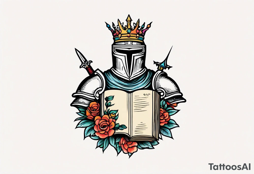 knight in armor traditonal vintage tattoo crown colorful with flowers and a bible tattoo idea