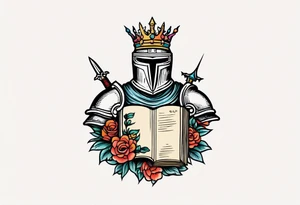 knight in armor traditonal vintage tattoo crown colorful with flowers and a bible tattoo idea