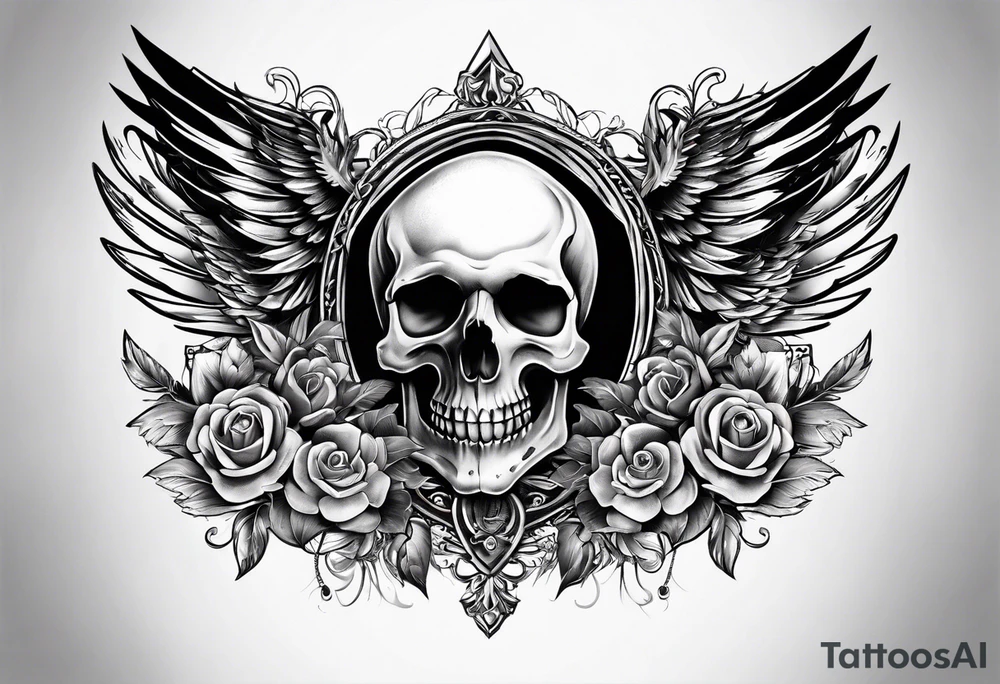 chest skull and wings tattoo idea