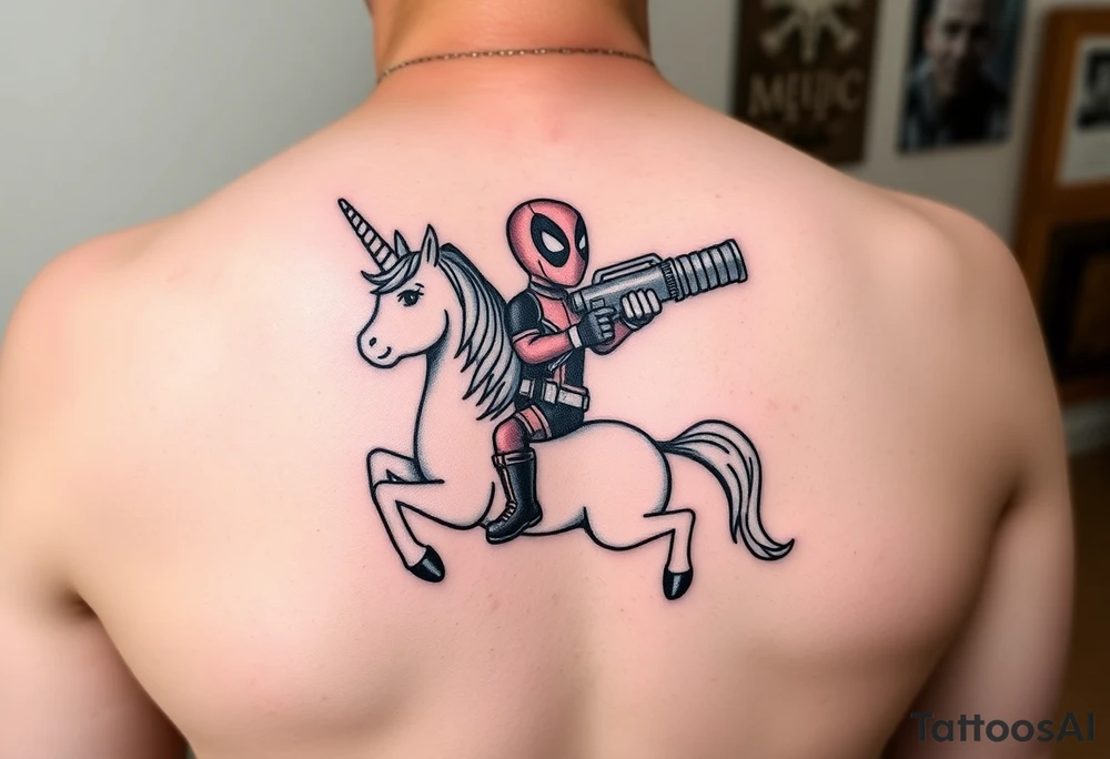 Deadpool riding unicorn holding rocket propelled grenade launcher tattoo idea