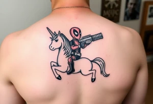 Deadpool riding unicorn holding rocket propelled grenade launcher tattoo idea