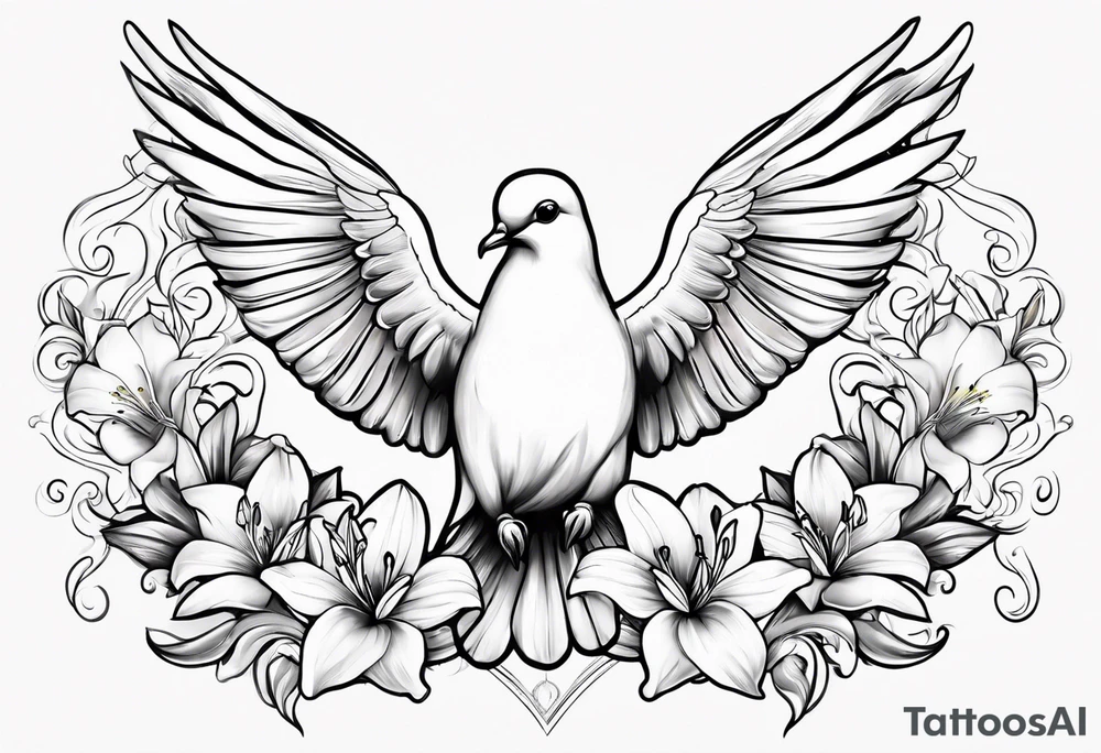Dove with lily flowers in clouds tattoo idea