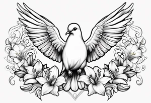 Dove with lily flowers in clouds tattoo idea