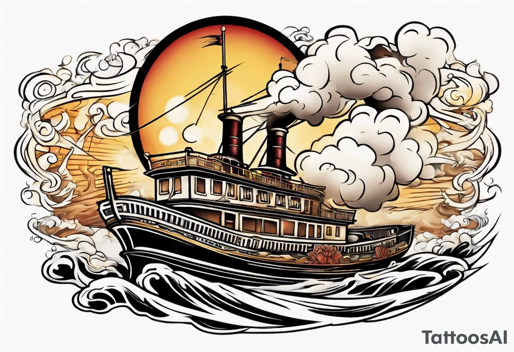 steam boat sailing out of the sun tattoo idea