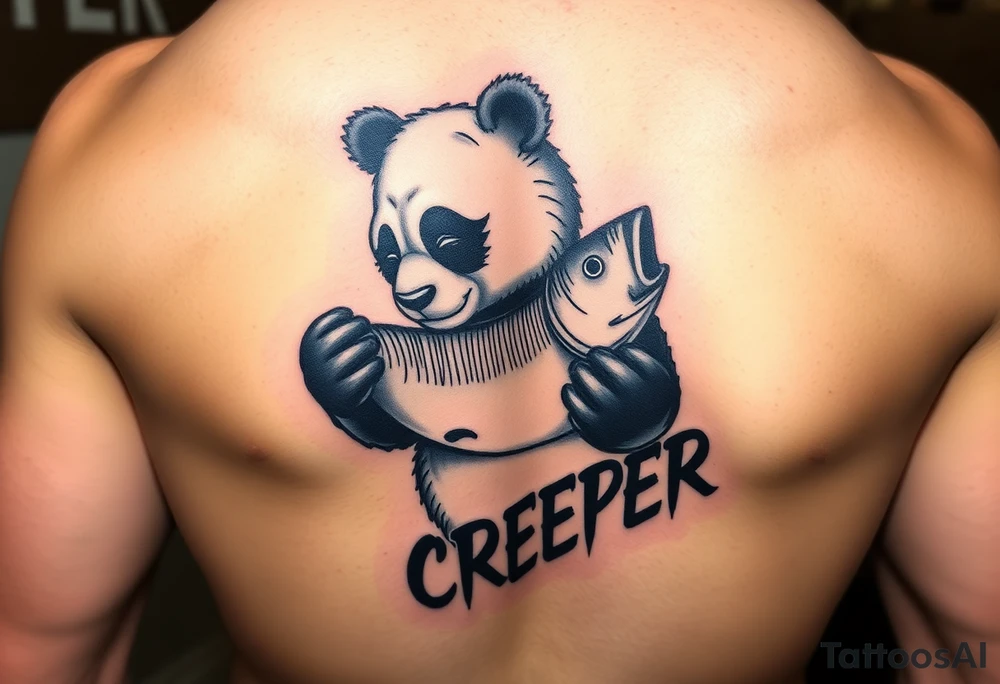 Wrestling panda holding a broken bass and the word creeper tattoo idea