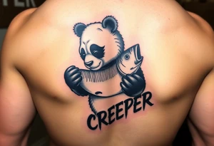 Wrestling panda holding a broken bass and the word creeper tattoo idea