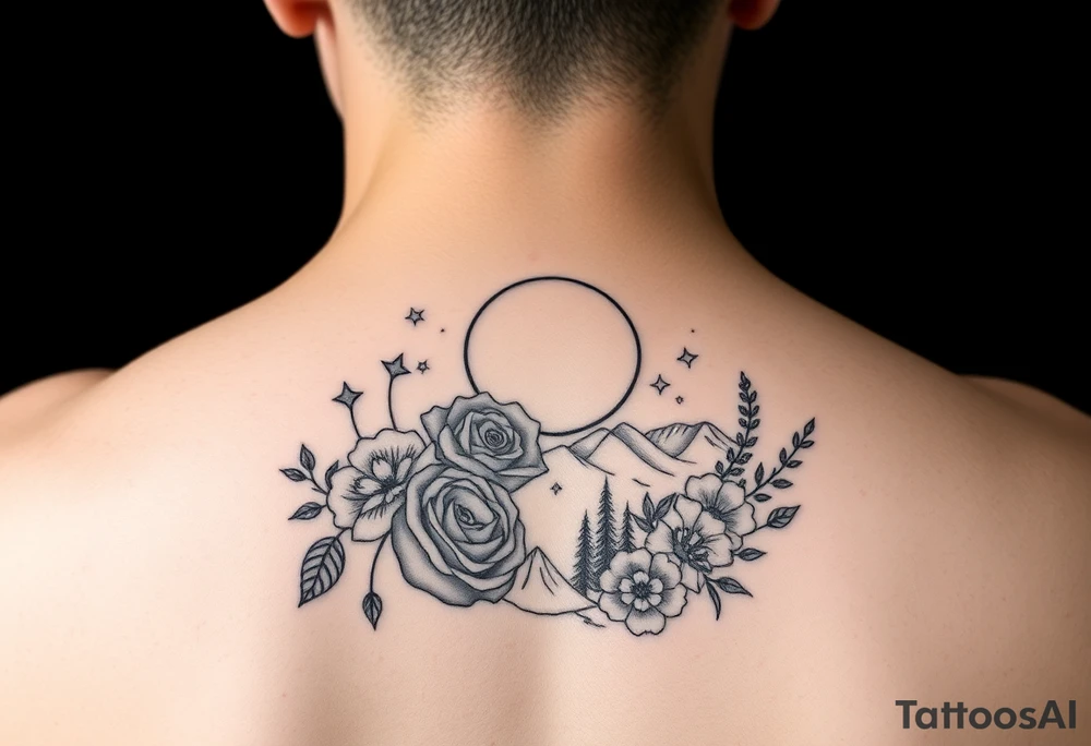 Unique artistic tattoo, with roses and wild flowers 
Crescent moon and stars mountains forests
Feminine tattoo idea