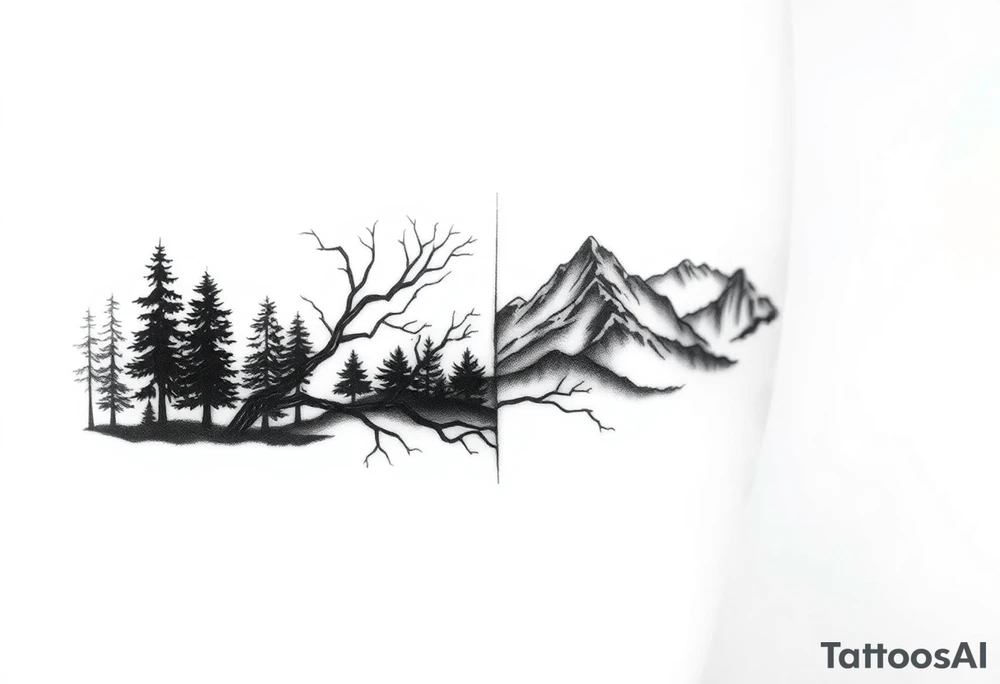 Split scene: stormy forest with tangled branches on one side, peaceful mountain range on the other. Blended transition. Black and white, minimalist tattoo idea