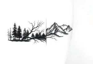 Split scene: stormy forest with tangled branches on one side, peaceful mountain range on the other. Blended transition. Black and white, minimalist tattoo idea