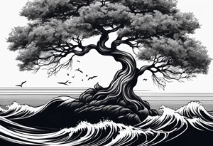 tree with roots growing around calming waves tattoo idea