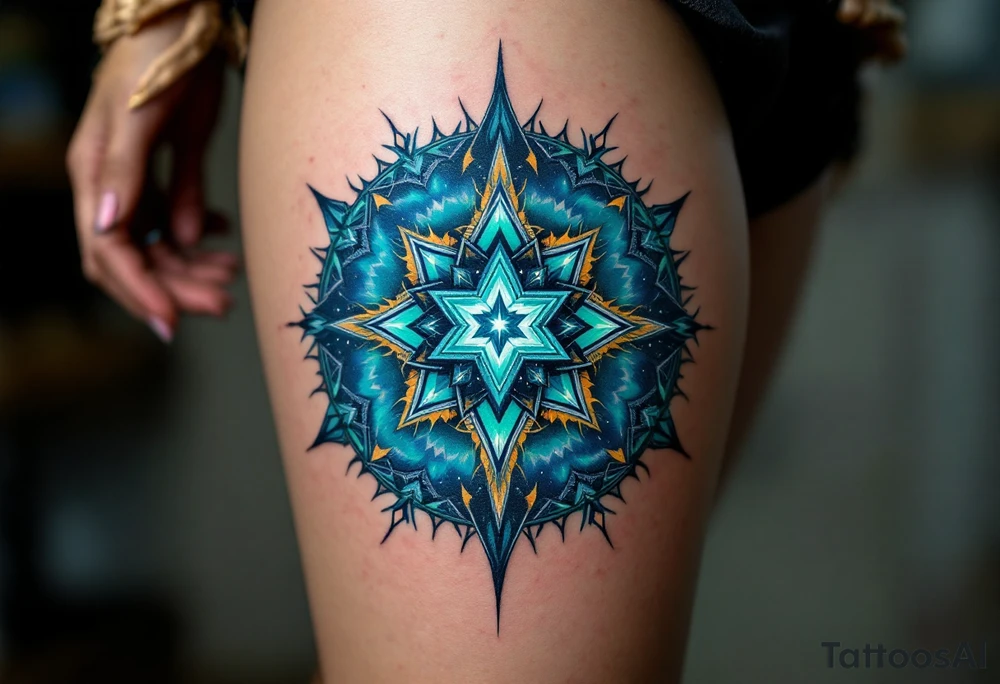 A blue-green Alatyr star rests at the center of the universe, embodying balance and divine order. tattoo idea