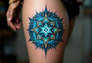 A blue-green Alatyr star rests at the center of the universe, embodying balance and divine order. tattoo idea