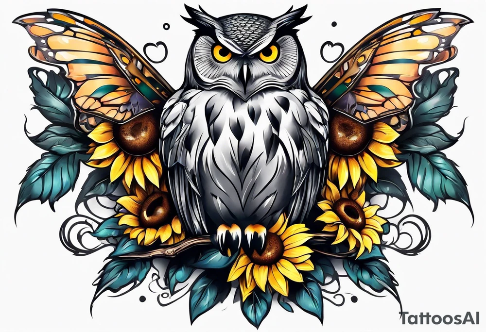 Sleeve with an owl, sunflower and butterfly tattoo idea