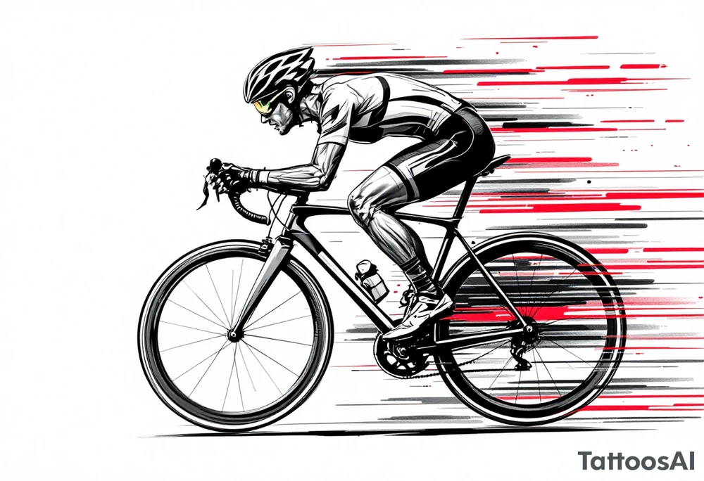 A hyper-realistic cyclist in mid-sprint, with motion blur effects and red and black racing stripes, symbolizing speed and determination. tattoo idea