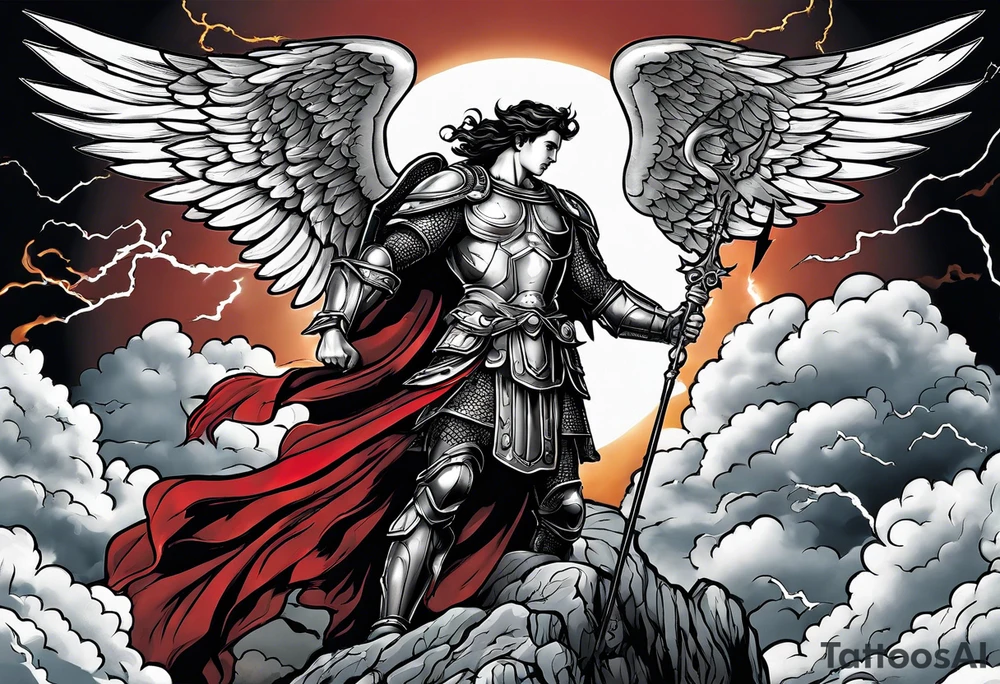 Michael the Archangel standing over the devil.  Clouds and lightning in background. tattoo idea