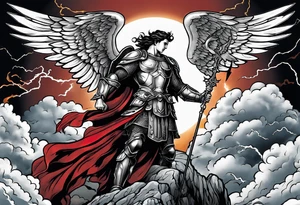 Michael the Archangel standing over the devil.  Clouds and lightning in background. tattoo idea