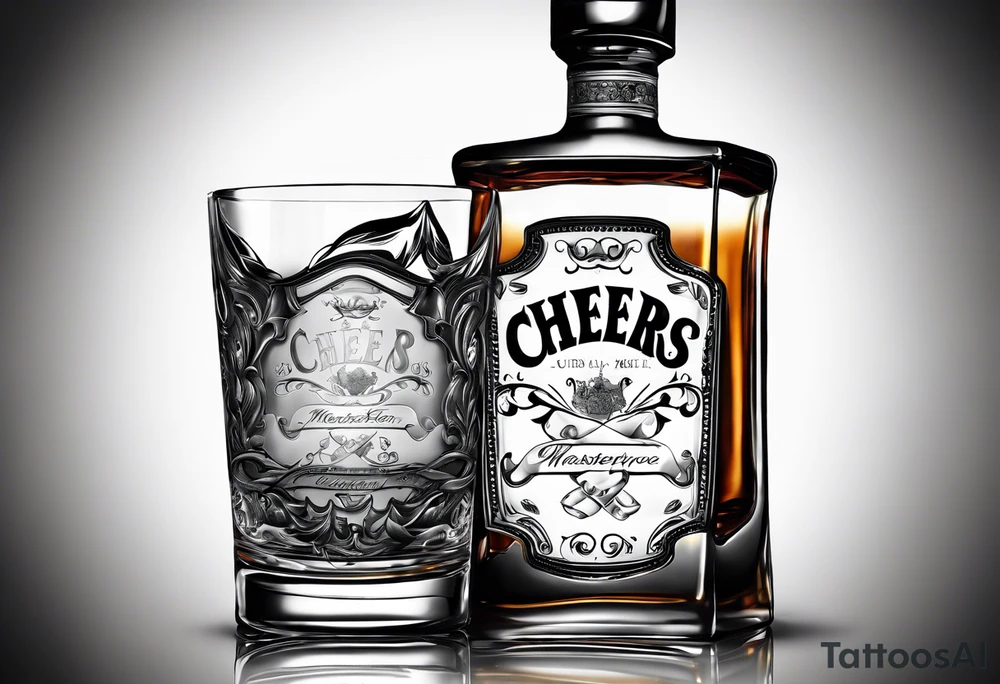 Cheers Mate text, armband +Cancer Ribbon  + bourbon whiskey glass tattoo idea