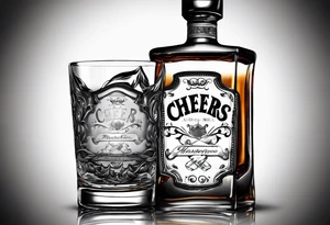 Cheers Mate text, armband +Cancer Ribbon  + bourbon whiskey glass tattoo idea