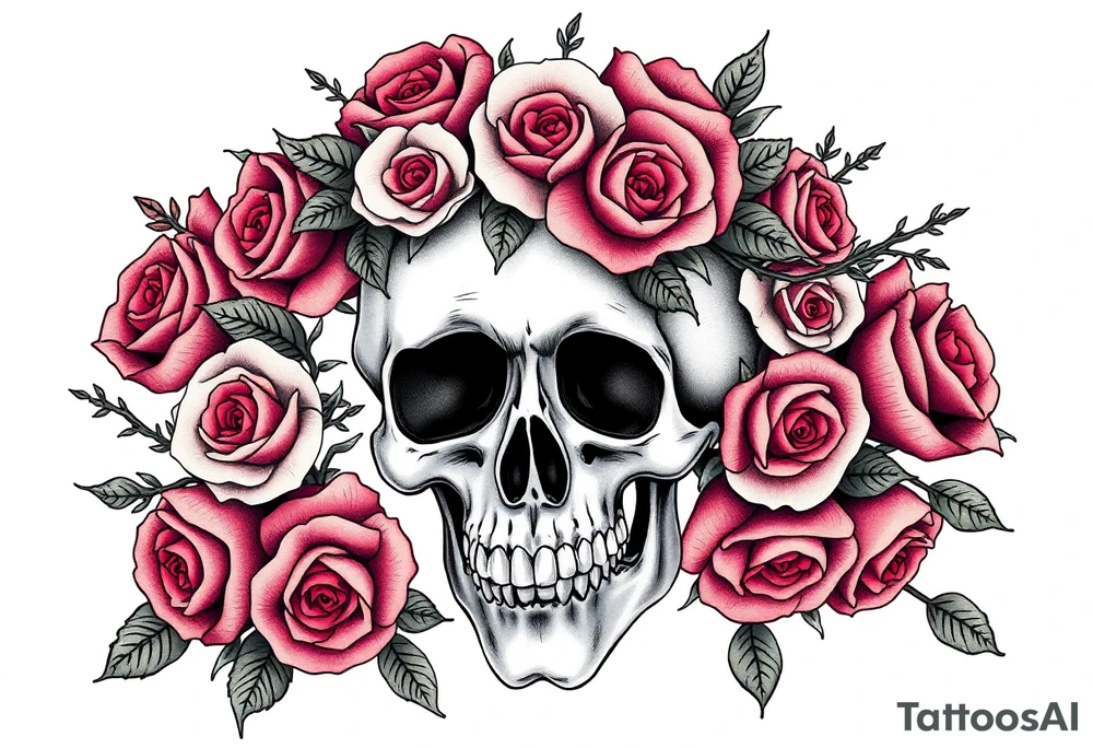 ornate skull adorned with crown of wild roses and thorns tattoo idea