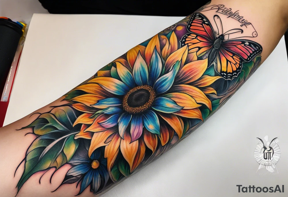 arm sleeve with winged cross, rainbow sunflowers and butterflies tattoo idea