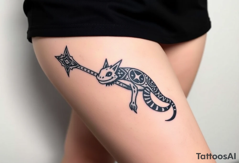line work axolotl holding an axe tattoo idea