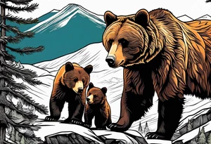 Momma bear and teen cub in the mountains tattoo idea