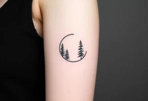 fine-line crescent moon, pine trees growing along one side, stretching upward tattoo idea