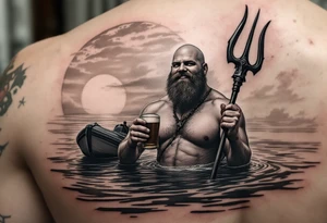 young, happy, fat, balding, poseidon in calm water, holding a trident, drinking a beer, with sunset, with ski boat, with ballet toutou tattoo idea