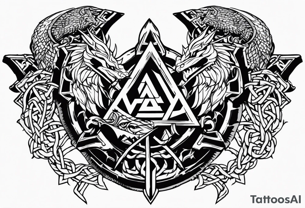 Valhalla sword shield dragon axe Valknut barbed wire chains fire tattoo idea Valhalla sword shield dragon axe Valknut barbed wire chains fire tattoo idea