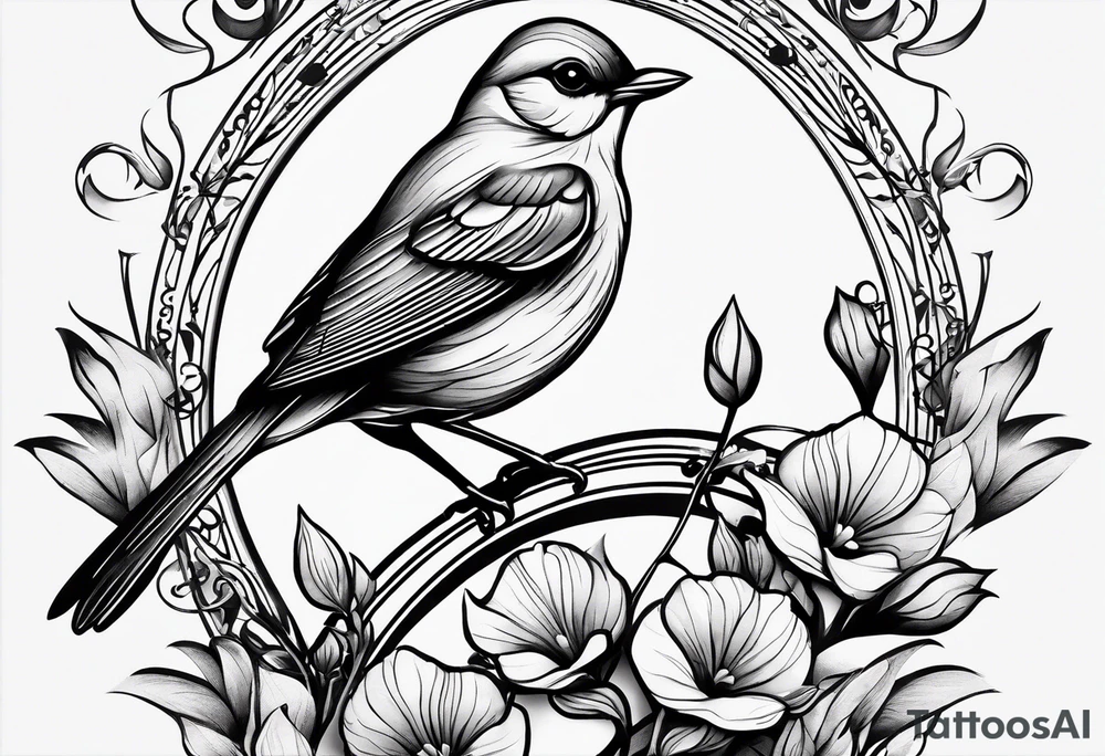 Design a small, elegant tattoo of a nightingale in a gentle pose, surrounded by soft musical notes or floral elements tattoo idea