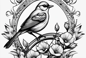 Design a small, elegant tattoo of a nightingale in a gentle pose, surrounded by soft musical notes or floral elements tattoo idea