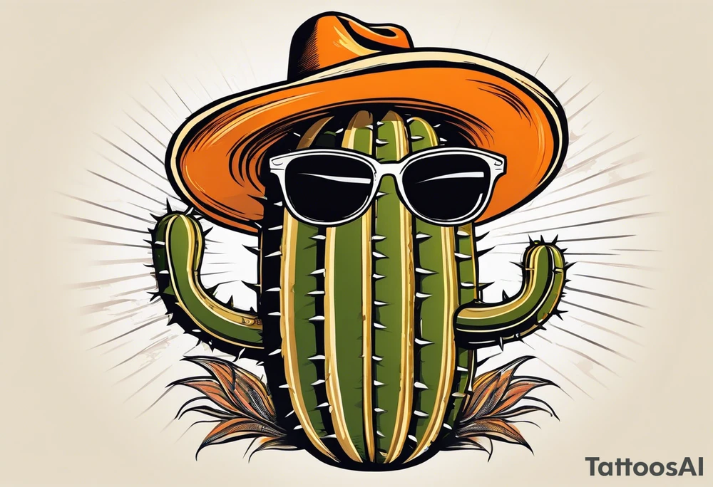 Saguaro cactus with two arms and a clever face, wearing an orange cowboy hat, wearing sunglasses, and a cigarette dangling from his mouth tattoo idea