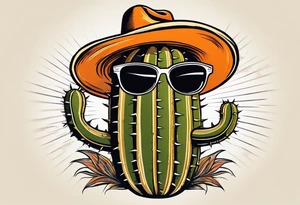 Saguaro cactus with two arms and a clever face, wearing an orange cowboy hat, wearing sunglasses, and a cigarette dangling from his mouth tattoo idea