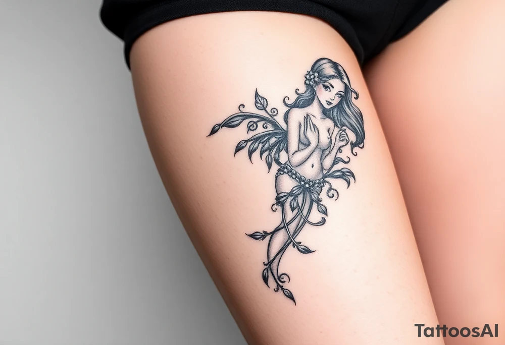 Full thigh tattoo with a sexy fantasy girl tattoo idea