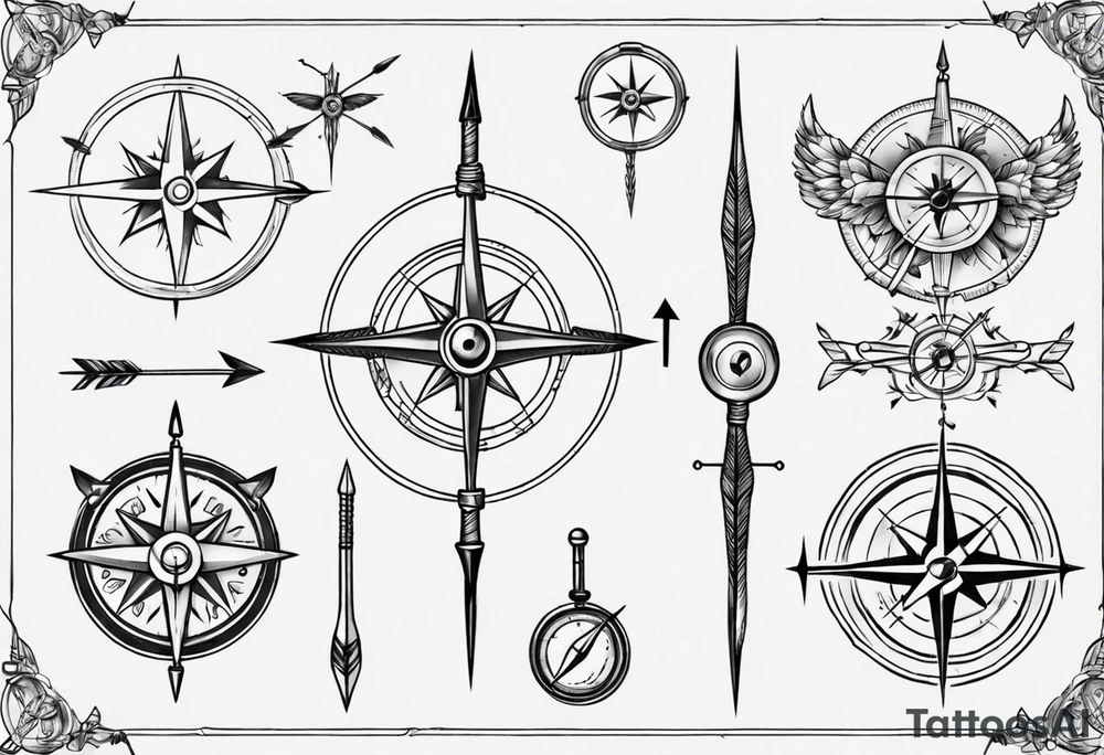 bow arrow with compass in the middle tattoo idea