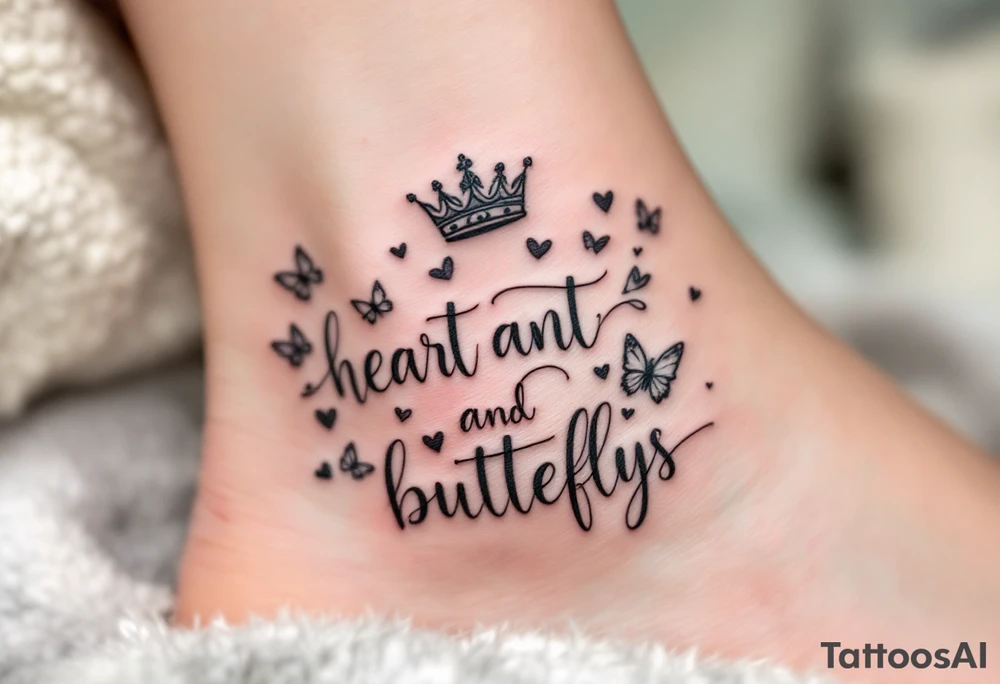heart with crown and butteflys tattoo idea