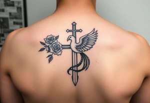 Cross sword darkened in with roses pearls and a phoenix rising from the ashes feminine the phoenix is not the main attraction the cross is on tricept tattoo idea