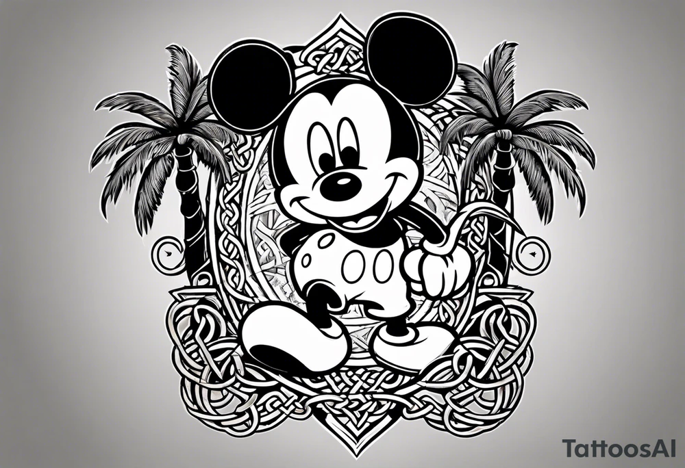 mickey mouse holding a kerambit knife in one hand and a rattan stick in the other hand with palm trees and the celtic symbol for family tattoo idea
