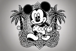 mickey mouse holding a kerambit knife in one hand and a rattan stick in the other hand with palm trees and the celtic symbol for family tattoo idea