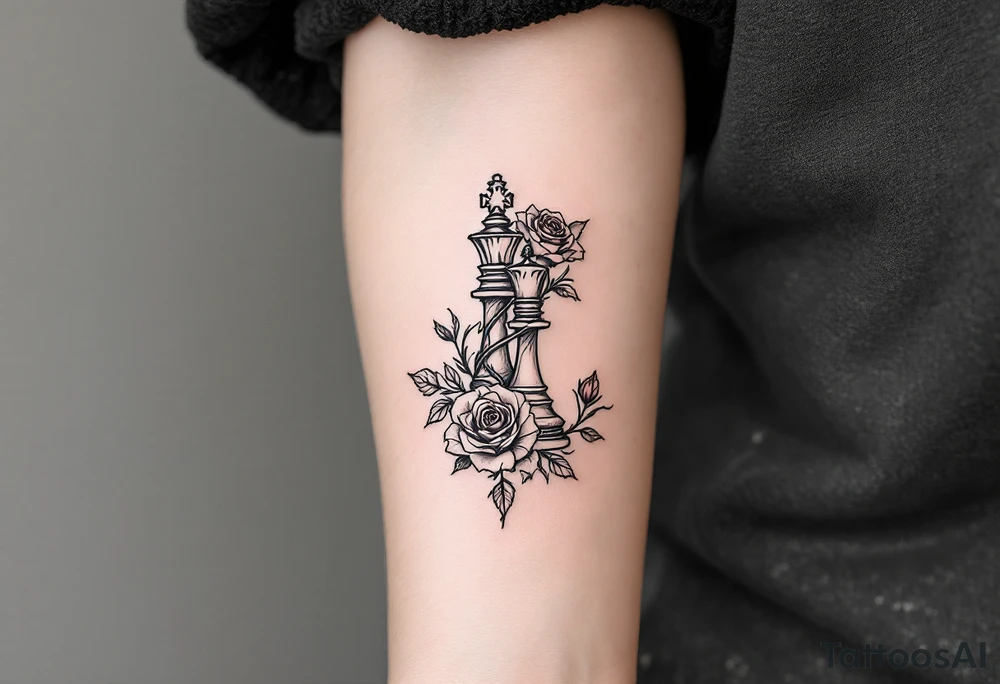 A fine-line black and gray tattoo of a chess king and queen piece intertwined with red roses. tattoo idea