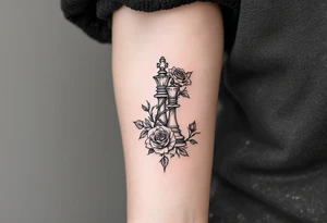 A fine-line black and gray tattoo of a chess king and queen piece intertwined with red roses. tattoo idea