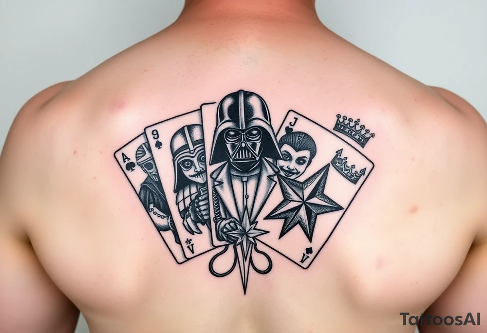 4 cards of a deck, Darth Vader, joker, army star, princess crown tattoo idea